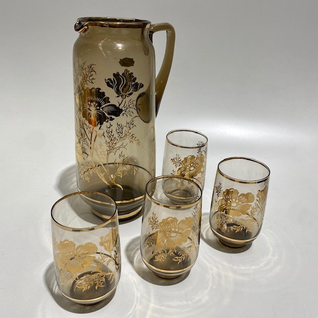 JUG SET, 1970s Smoked Gold Floral